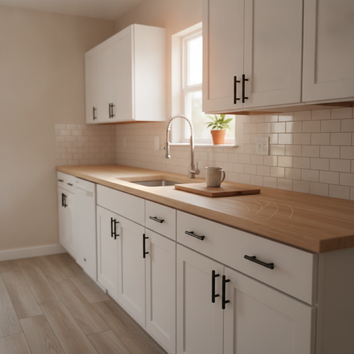 A freshly refaced bright value-tier kitchen with white shaker cabinets and butcher-block counter