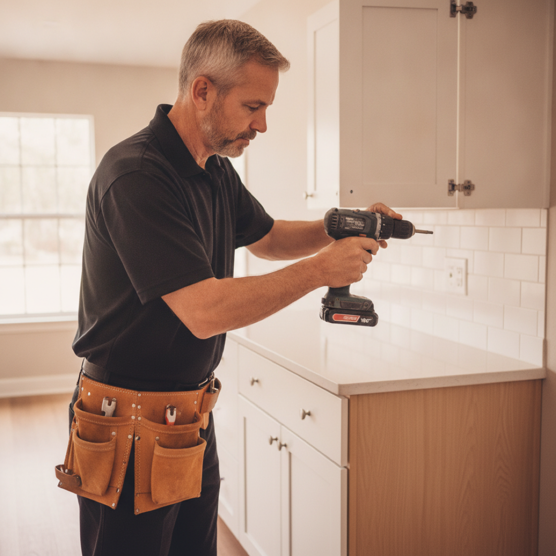 Cabinet King Handyman refacing kitchen cabinets in a bright Central Florida home
